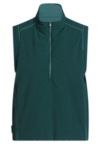 Hihaton, korkeakauluksinen liivi syvän vihreänä, jossa on puolivetoketju etuosassa, saumattomat olkapäät ja kevyet korosteetompeleet. Vedenpitävä materiaali.