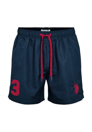 Granatowe szorty do pływania z czerwonym sznurkiem i akcentami. Na jednej stronie znajduje się duża czerwona cyfra "3", a po przeciwnej stronie logo.