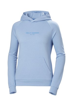 Jasnoniebieska bluza z kapturem wykonana z miękkiego materiału, z kieszenią kangurką, rękawami raglanowymi oraz haftowanym logo na piersi.