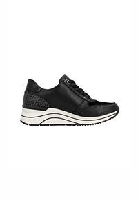Zwarte leren sneaker met een geconfigureerde zwarte hak en witte zool. Voorzien van een vetersluiting en subtiele branding. Gladde en stijlvolle afwerking.