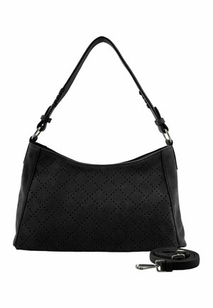 Sac à main noir avec motif losange perforé, une poignée unique et une bandoulière amovible placée à côté sur fond blanc.