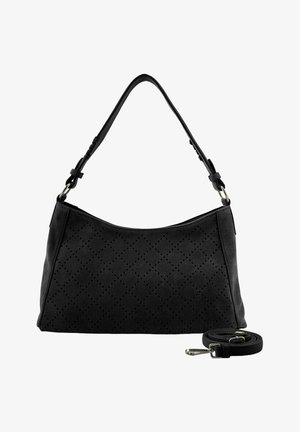 Sac à main noir avec motif losange perforé, une poignée unique et une bandoulière amovible placée à côté sur fond blanc.