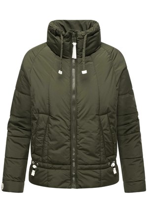 Jachetă puffer de culoare verde măsliniu, cu guler înalt, fermoar frontal, manșete elastice și șnururi ajustabile. Dispune de buzunare laterale și un aspect matlasat.