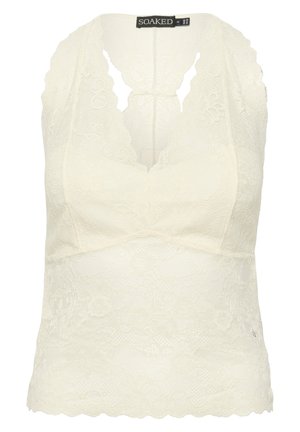 Camisola de encaje en color blanco roto, con un escote alto, bordes en forma de pico y patrones florales por todo el tejido. Textura suave y diseño ajustado.