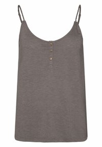 Top grigio senza maniche con scollatura rotonda, dotato di una fila di bottoni e spalline intrecciate, realizzato in un tessuto morbido e leggero.