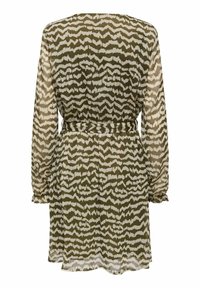 Doorschijnende jurk met lange mouwen met groen en beige abstract zebra-print, met een ceintuur op de taille en elastische manchetten, gezien vanuit de rug.