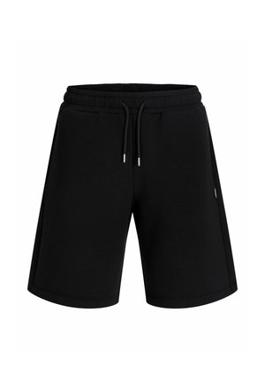 Shorts décontractés noirs avec taille élastique et cordon, avec des poches latérales et une coupe droite au-dessus du genou.