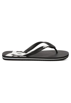 Sort flip-flop med struktureret gummisål, med en bred tåpost og kontrastfarvet hvidt logo. Slanke stropper og diskrete stribede detaljer.