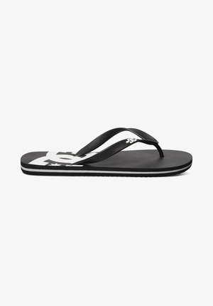 Zwarte flip-flops met een gestructureerde rubberen zool, voorzien van een brede teenpost en een contrasterend wit logo. Slanke banden en een subtiele gestreepte accent.