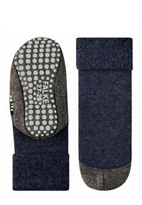 Marineblaue Socken mit einer strukturierten, gestrickten Oberfläche und einer grauen, gepunkteten rutschfesten Gummisohle für besseren Halt. Enthält ein umgeschlagenes Bündchen-Design.