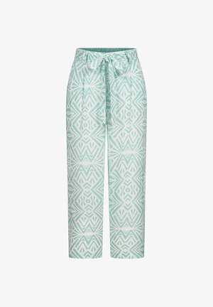 Pantalon à motifs bleu clair avec un design géométrique, une taille nouée et une coupe droite ample. Le tissu semble léger.