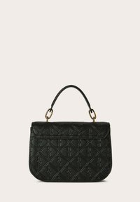 Borsa a tracolla in pelle nera con motivo embossato, hardware dorato e manico superiore. Forma compatta e strutturata con chiusura a patta.
