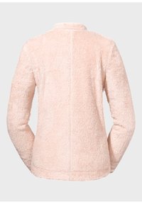 Polarowa kurtka w miękkim różowym kolorze, z kołnierzem i długimi rękawami, z teksturowaną, puszystą powierzchnią i detalem wzdłuż tylnego szwu.