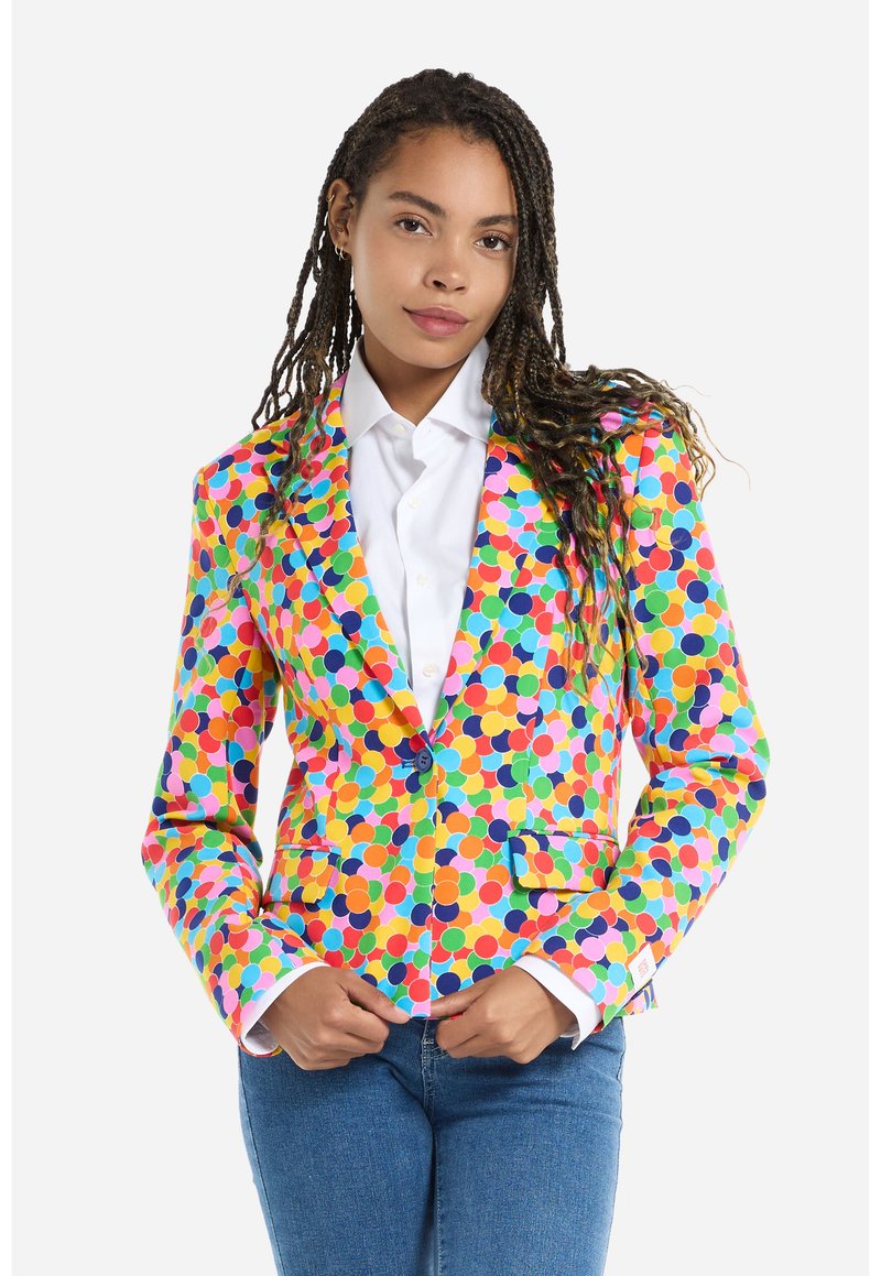 Colorful blazer featuring a polka dot pattern in various colors, with a fitted shape, two front pockets, and a single button closure.