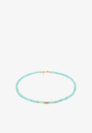 Aqua helmed kaelakee kuldsete detailidega ja lukuga. Koosneb siledatest, ümaratest helmestest erinevates suurustes, vaheldumisi viie kuldringiga.