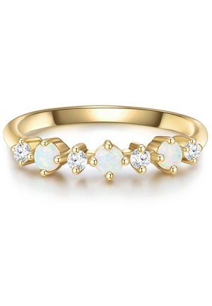Goldring mit abwechselndem Opal- und Diamantsteinen, mit einem glatten, runden Band und Krappenfassungen für jeden Stein.