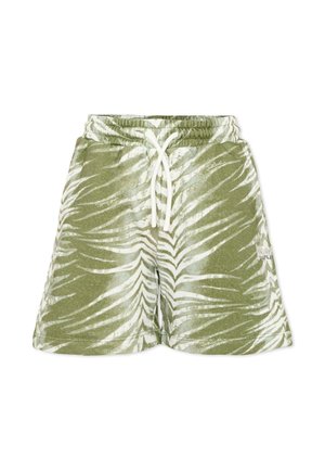 Shorts taille élastique avec imprimé zèbre vert et blanc, cordon blanc, coupe décontractée et texture de tissu douce.