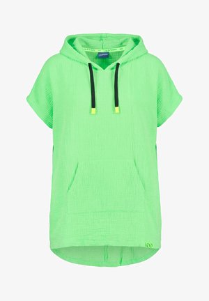 Jasnozielony krótki rękaw bluza z kapturem, kieszeń kangura z przodu oraz czarne sznurki z żółtymi końcówkami, luźny krój, teksturowany materiał.