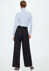 Maglione azzurro chiaro a collo alto, aderente in vita. Pantaloni a gamba larga con righe sottili scure e una cintura nera. Tessuto liscio, senza motivi.
