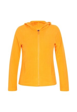 Oranssi fleece-takki, jossa on etuvetoketju, pitkät hihat ja huppu. Liukas rakenne ilman kuvioita tai koristeita.