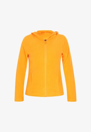 Oranssi fleece-takki, jossa on etuvetoketju, pitkät hihat ja huppu. Liukas rakenne ilman kuvioita tai koristeita.