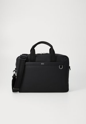 Black laptop bag made of textured fabric, featuring dual grip handles, a detachable shoulder strap, and a slim design with subtle branding.
