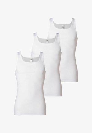 Drei weiße Tanktops aus glattem Stoff mit breiten Trägern und einem runden Ausschnitt. Sie sind tailliert geschnitten und haben ein einfaches Design.