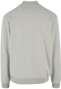 Jasnoszara bluza z gładką fakturą, stójką, długimi rękawami oraz ściągaczami przy mankietach i u dołu. Prosty, minimalistyczny design.