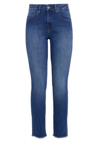 Jeans de denim azul de corte ajustado, con una cintura de altura media, dobladillo deshilachado, diseño de cinco bolsillos y detalle de costura en contraste.