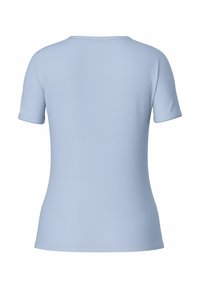 Světle modrý krátký rukáv, strukturovaný top s kulatým výstřihem, který má přiléhavý střih a hladkou texturu. Minimalistický design, bez vzorů nebo dekorací.