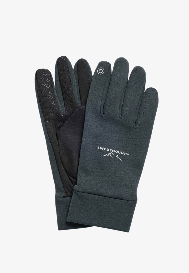 Paire de gants tactiles noirs avec le logo Swedemount et un symbole d'alimentation sur l'index, montrant des points d'adhérence sur la paume.