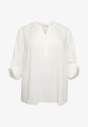 White, button-up shirt made of lightweight fabric. Features a mandarin collar, roll-up sleeves, and subtle texture. Simple and loose fit.