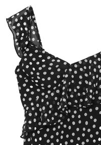 Schwarzes ärmelloses Kleid mit weißen Punkten und Rüschendetails entlang des Ausschnitts und der Träger.
