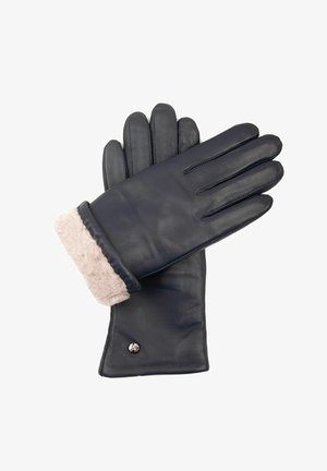 Navy leather gloves with a soft pink faux fur cuff. Features a smooth texture and five-finger design. Includes a small metallic accent.