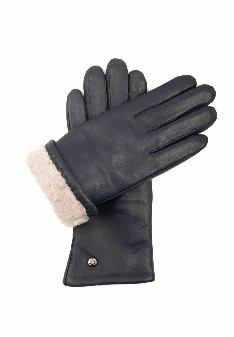 Navy Lederhandschuhe mit einem weichen, rosa Kunstpelzbesatz. Besitzt eine glatte Textur und ein Fünf-Finger-Design. Enthält ein kleines metallisches Akzent.