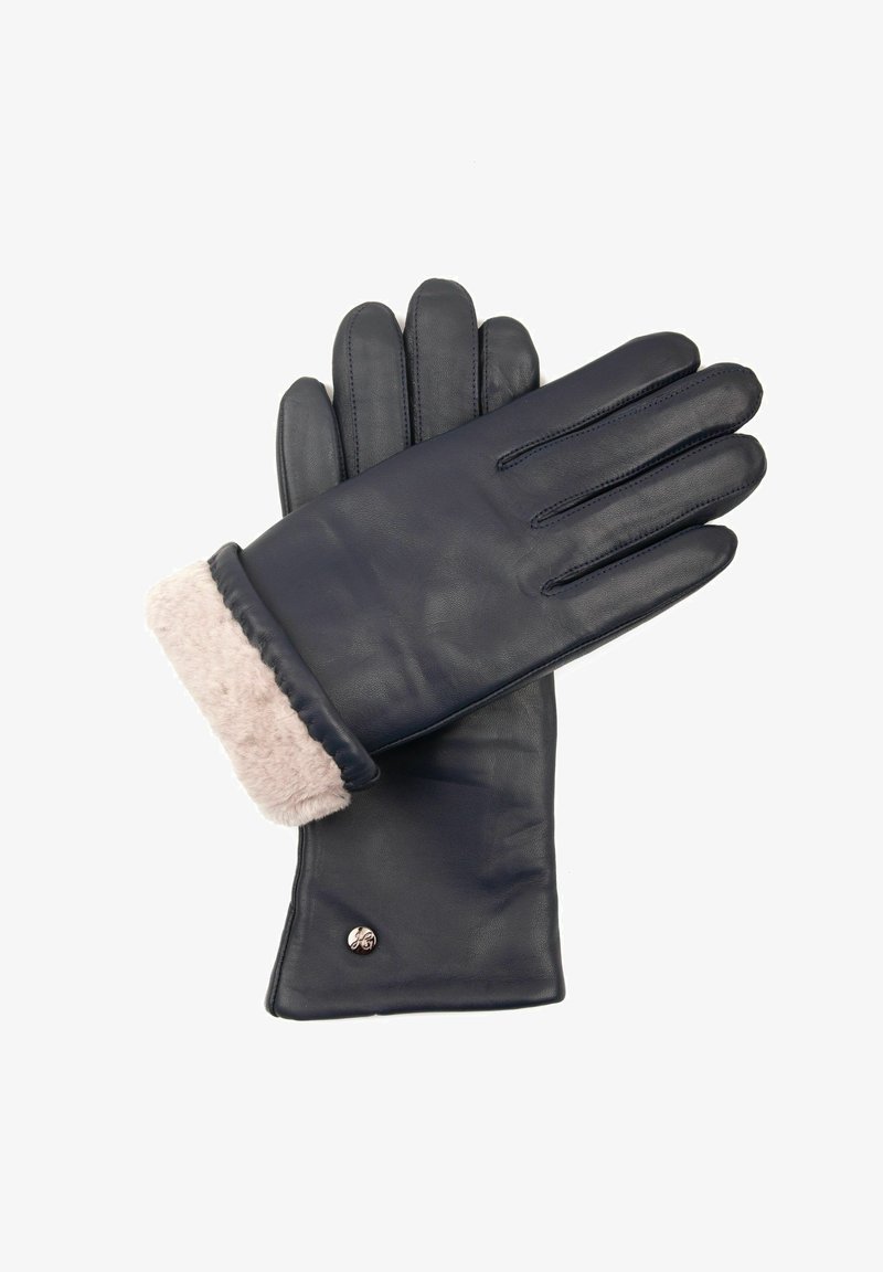 Navy Lederhandschuhe mit einem weichen, rosa Kunstpelzbesatz. Besitzt eine glatte Textur und ein Fünf-Finger-Design. Enthält ein kleines metallisches Akzent.