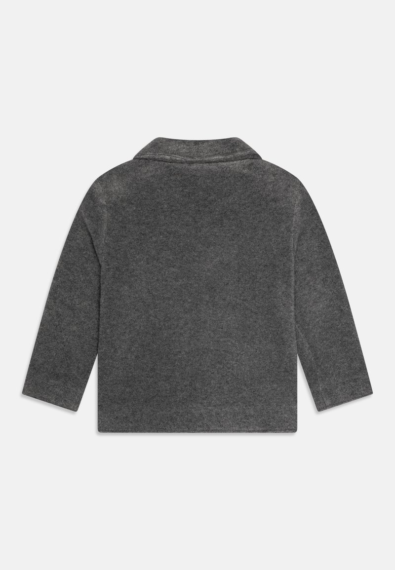 Grau Wollblazer mit Kragen, langen Ärmeln und strukturiertem Finish, verfügt über ein kragenloses Design und einen geraden Saum.