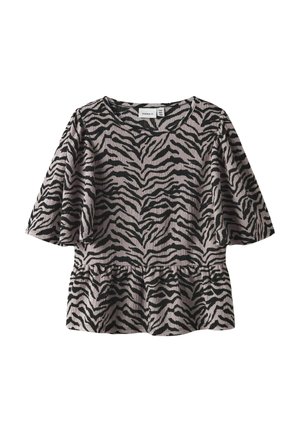 Haut à manches courtes rayé noir et beige avec un ourlet en peplum, en tissu texturé, col rond et coupe décontractée. Présente un motif tropical.