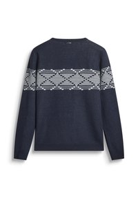 Tamno plavi pulover od mekog materijala s bijelim geometrijskim uzorkom preko prsa i rebrastim manžetama i donjim rubom.