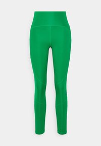 Klarrgröna högmidjade träningsleggings med konturöm och en liten logo nära knät på en neutral bakgrund.