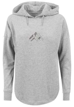 Gray hooded sweatshirt with a rounded hem, featuring a mountain design in black on the chest. Made of soft, textured fabric.