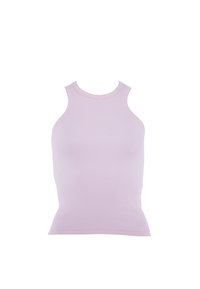 Top a canotta ribbed rosa chiaro con scollatura alta e design senza maniche, che presenta una silhouette aderente e una texture liscia.