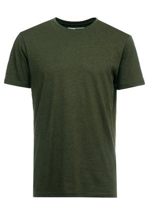 Dark olive green t-shirt made of soft cotton material. Features a classic round neckline and short sleeves with subtle stitching details.