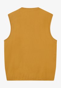 Yksinkertainen sinapinkeltainen hihaton liivi, jossa on pyöreä kaula-aukko ja puhdas ompelujälki, esitetty takaa valkoista taustaa vasten.