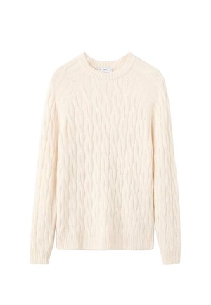 Pull crème en maille torsadée avec un col rond, des poignets et un ourlet côtelés. Le motif texturé présente des dessins ondulés entrelacés.