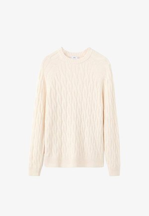 Krémový sveter s vrkočovým vzorom, okrúhlym výstrihom, rebrovanými manžetami a spodným lemom. Textúrovaný vzor obsahuje preplietané vlnovité motívy.
