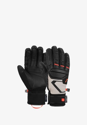 Schwarze Leder- und Textilhandschuhe mit glatter Oberfläche, einem auffälligen orangefarbenen Akzent, gepolsterten Knöcheln und einem verstellbaren Bündchen.