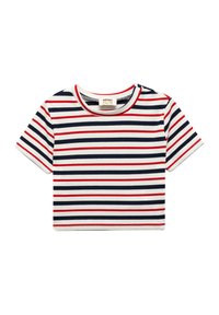 Camiseta infantil de manga corta con rayas horizontales en rojo, azul marino y blanco. Confeccionada en tejido acanalado y con cuello redondo.