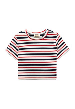 Camiseta infantil de manga corta con rayas horizontales en rojo, azul marino y blanco. Confeccionada en tejido acanalado y con cuello redondo.
