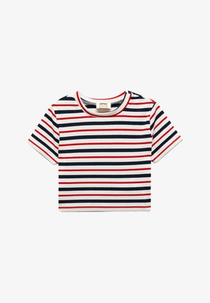 Camiseta infantil de manga corta con rayas horizontales en rojo, azul marino y blanco. Confeccionada en tejido acanalado y con cuello redondo.